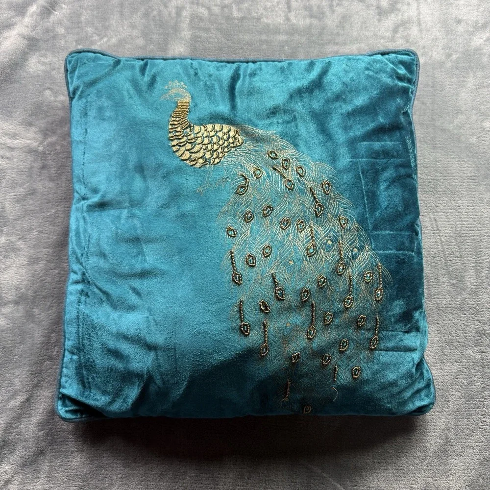 Pier 1 Decorative Throw Pillow Teal Blue Peacock Embroidered Beaded Glam